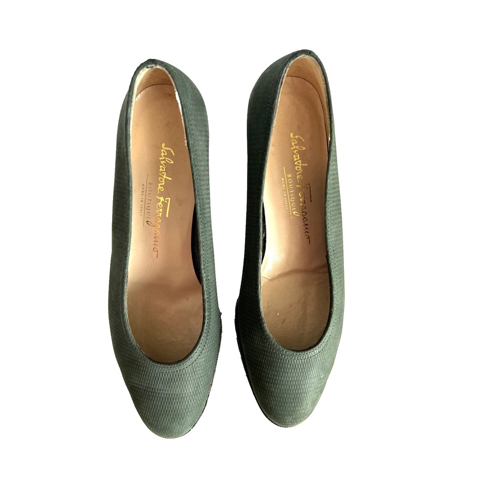 Salvatore Ferragamo Sage Green Textured Leather Women's Flats